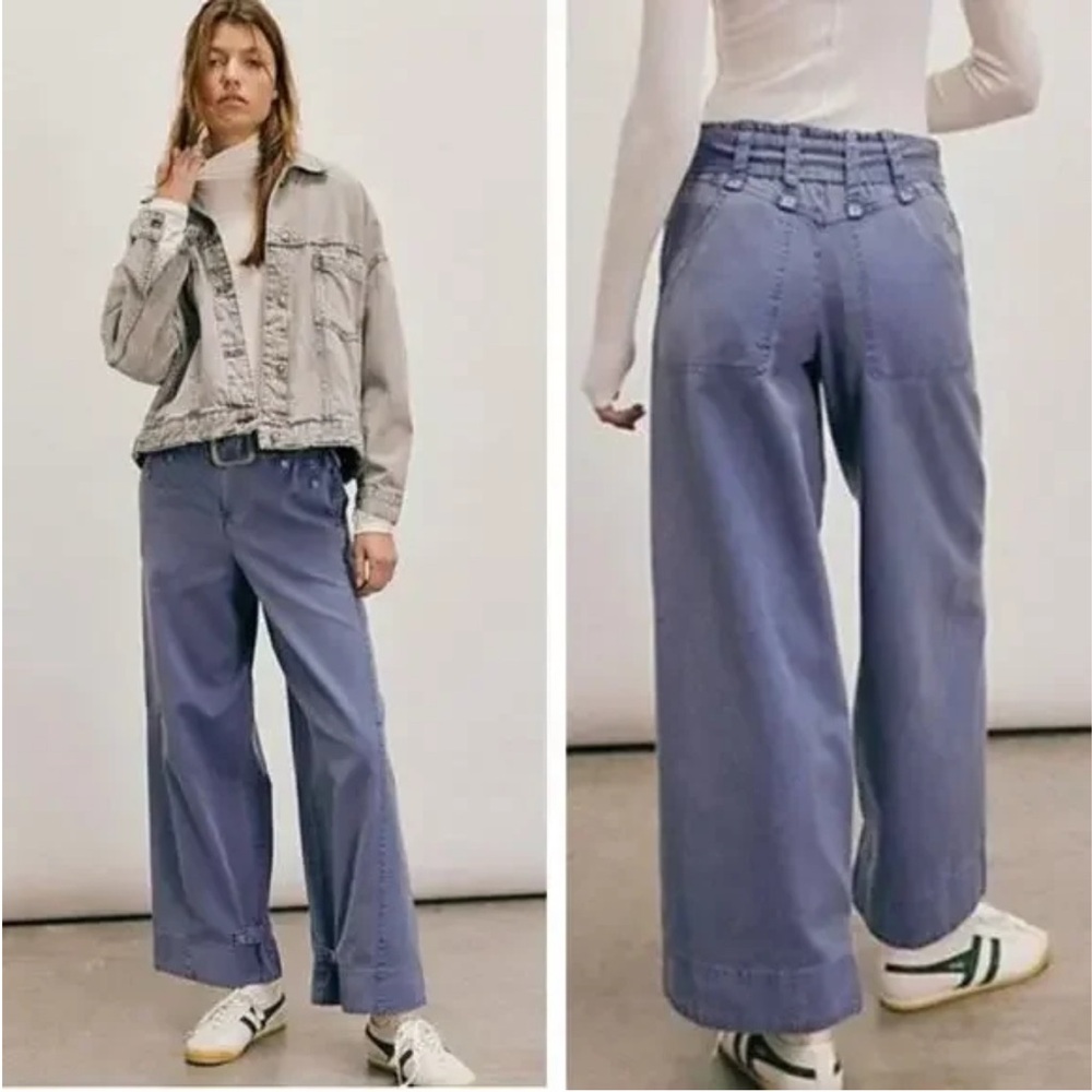 NWOT Free People Sloane Blue Wide Leg Baggy Elastic Waist Belted Pants Sz Med